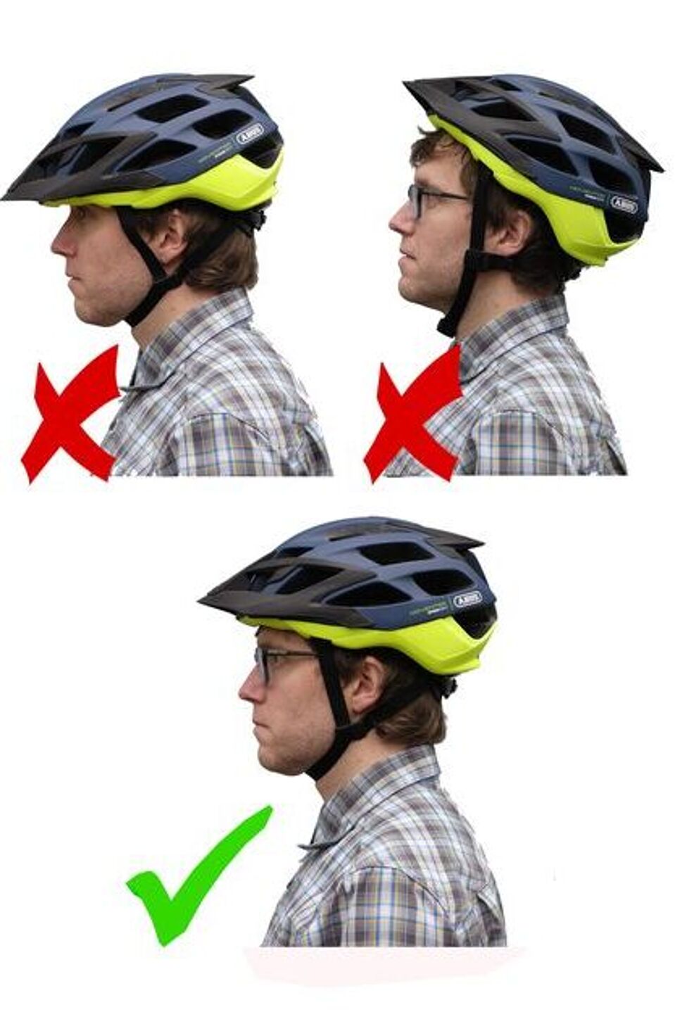 So sitzt der Fahrradhelm richtig. Fahrradhelm richtig tragen: Beipiele zeigen Mann mit Helm zu weit in der Stirn, zu weit im Nacken getragen und einmal korrekt waagerecht auf dem Kopf